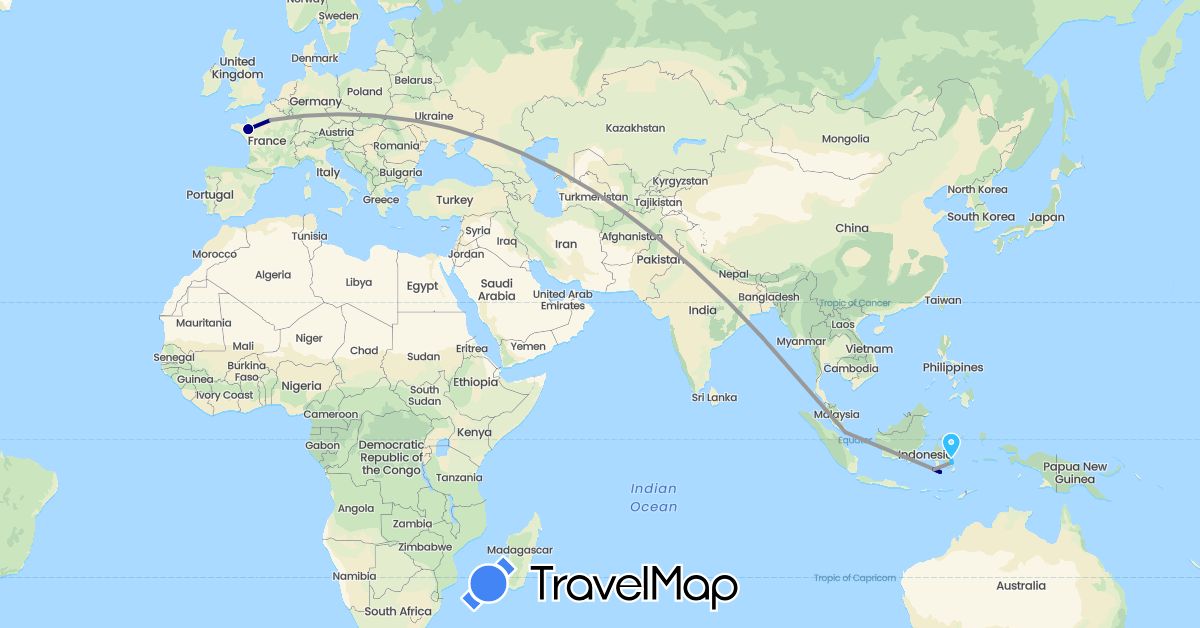 TravelMap itinerary: driving, plane, train, boat in France, Indonesia, Singapore (Asia, Europe)